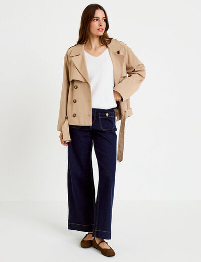 Pull col v manches longues perles ecru femme