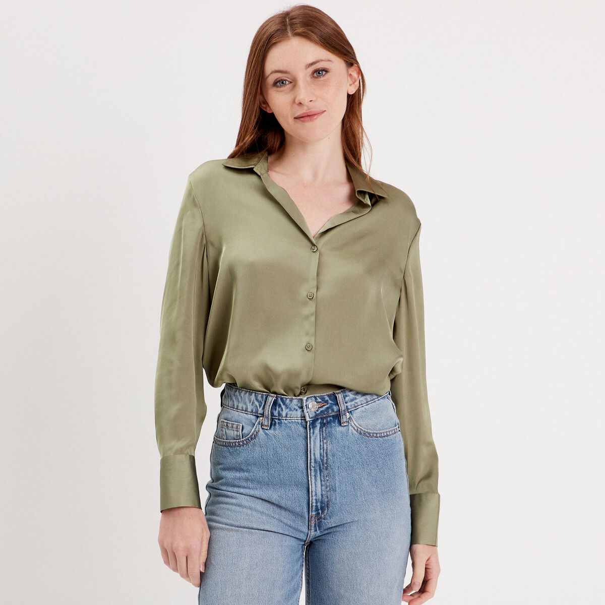 Chemise manches longues satin vert kaki femme