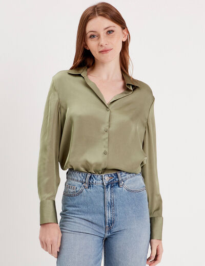 Chemise manches longues satin vert kaki femme
