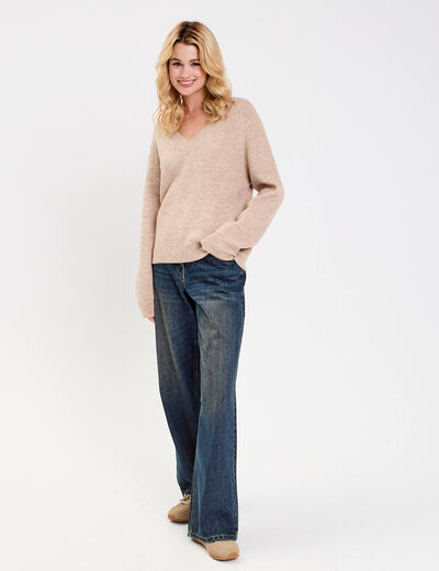 Pull avec col en V beige femme