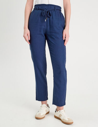 Pantalon droit fluide contenant du lin bleu foncé femme
