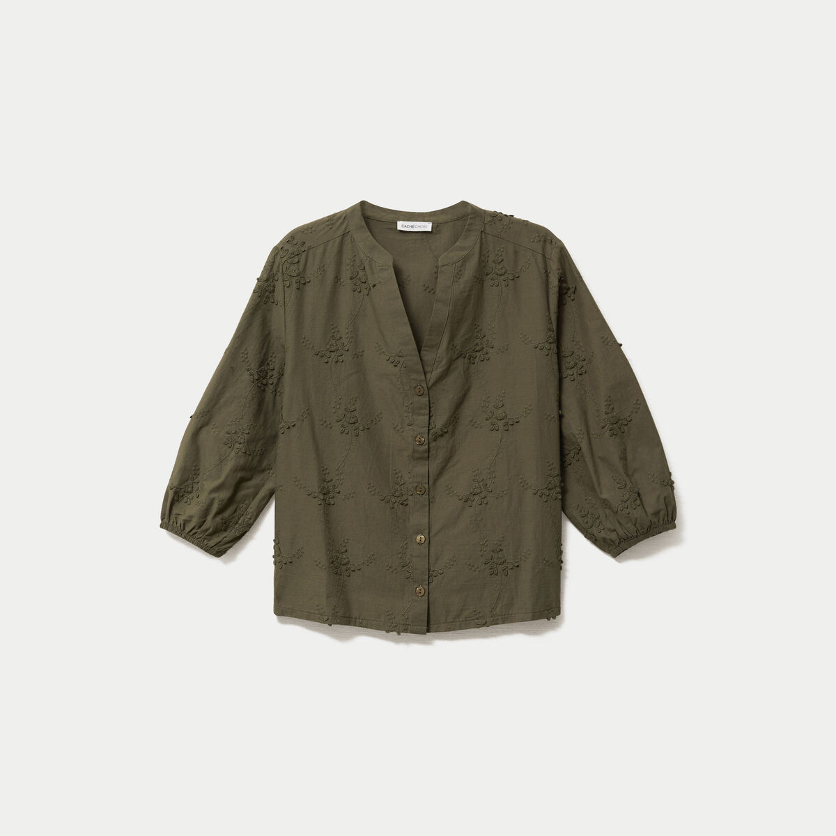 Blouse brod&eacute;e col mao manches 3/4 vert kaki femme