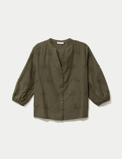 Blouse brod&eacute;e col mao manches 3/4 vert kaki femme
