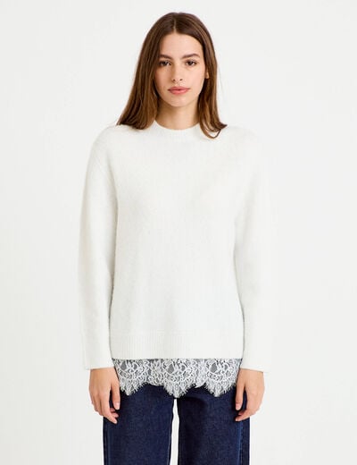 Pull manches longues avec dentelle ecru femme