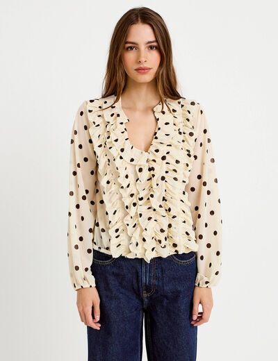 Blouse droite col v manches longues blanc femme