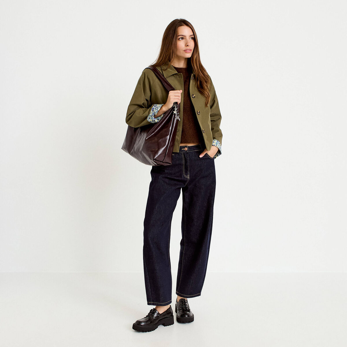 Veste courte boutonn&eacute;e doublure vichy vert kaki femme