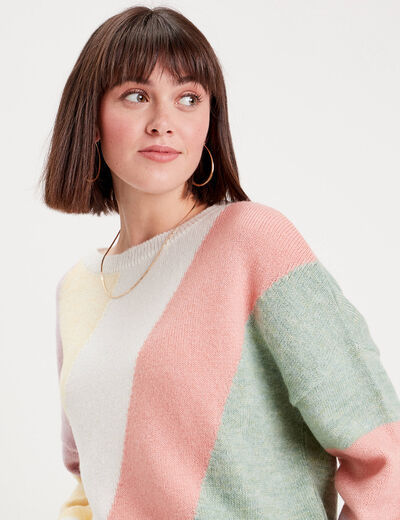 Pull manches longues col rond multicolore femme