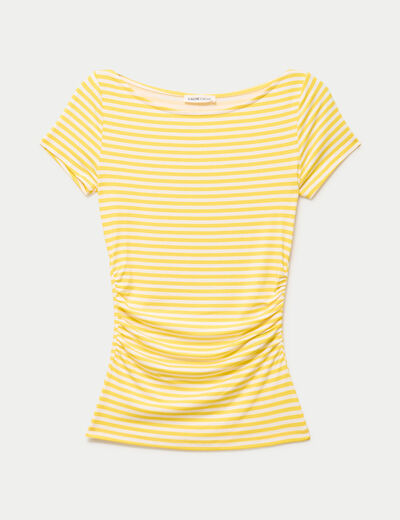 Top ajust&eacute; col bateau manches courtes jaune pastel femme