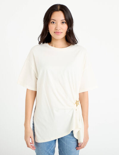 T-shirt &agrave; fronces avec bijou ecru femme