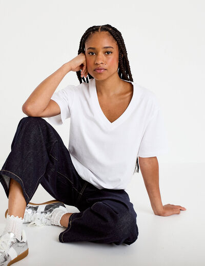 T-shirt col v manches courtes blanc femme