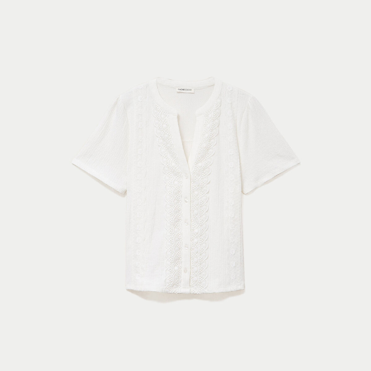 Blouse plastron brod&eacute; manches courtes ecru femme