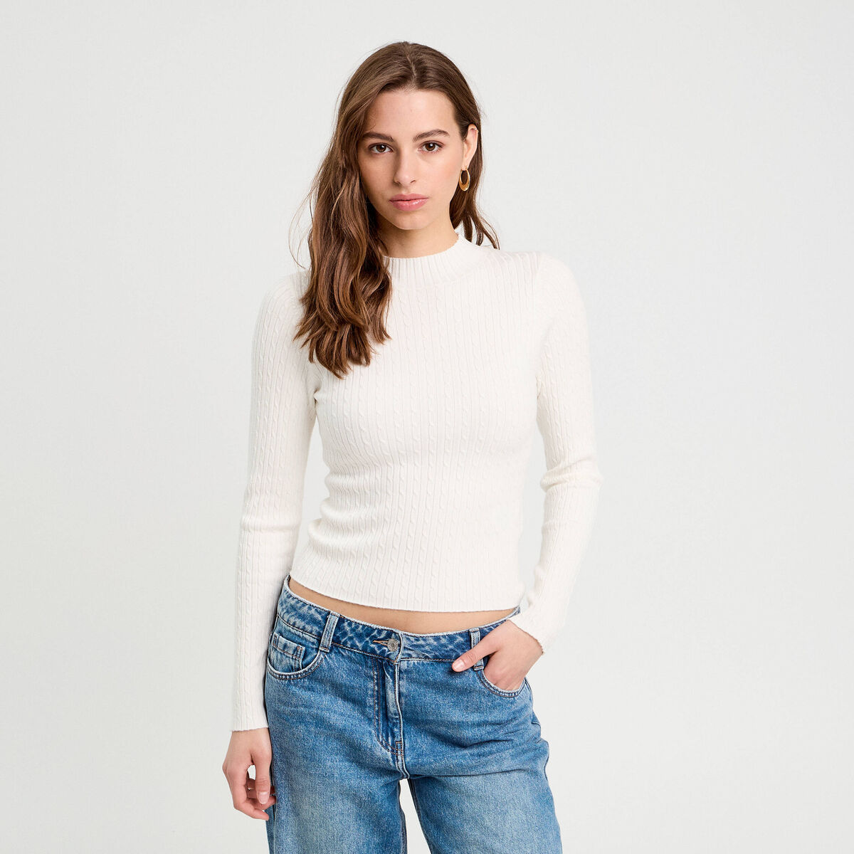 Pull col montant torsades ecru femme