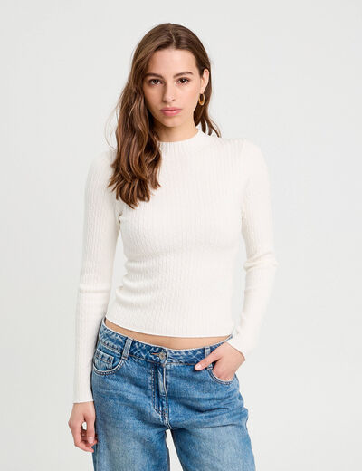 Pull col montant torsades ecru femme