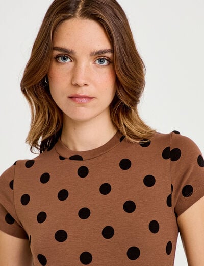 Top ajust&eacute; col rond manches courtes marron femme