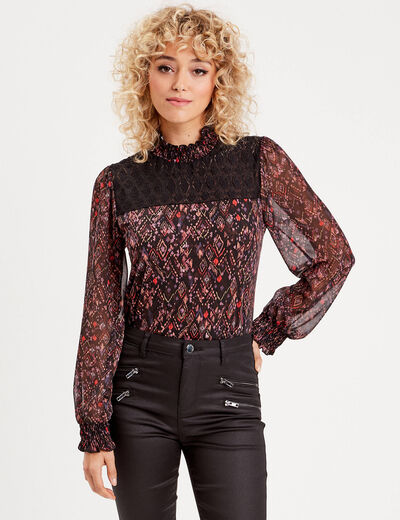 Blouse col montant smocké noir femme