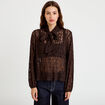 Blouse droite col montant dentelle marron fonc&eacute; femme