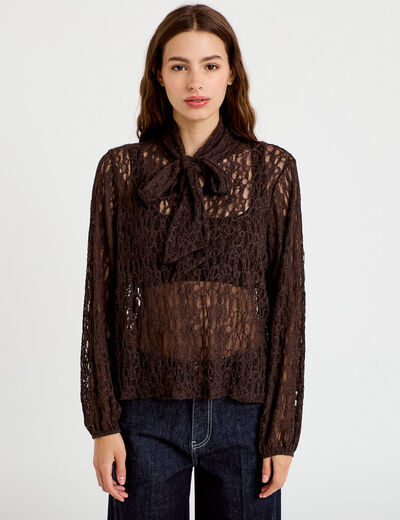 Blouse droite col montant dentelle marron fonc&eacute; femme