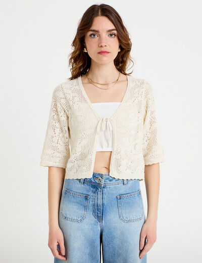Gilet col v manches 3/4 aspect dentelle ecru femme