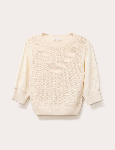 Pull manches 3/4 ajouré ecru femme