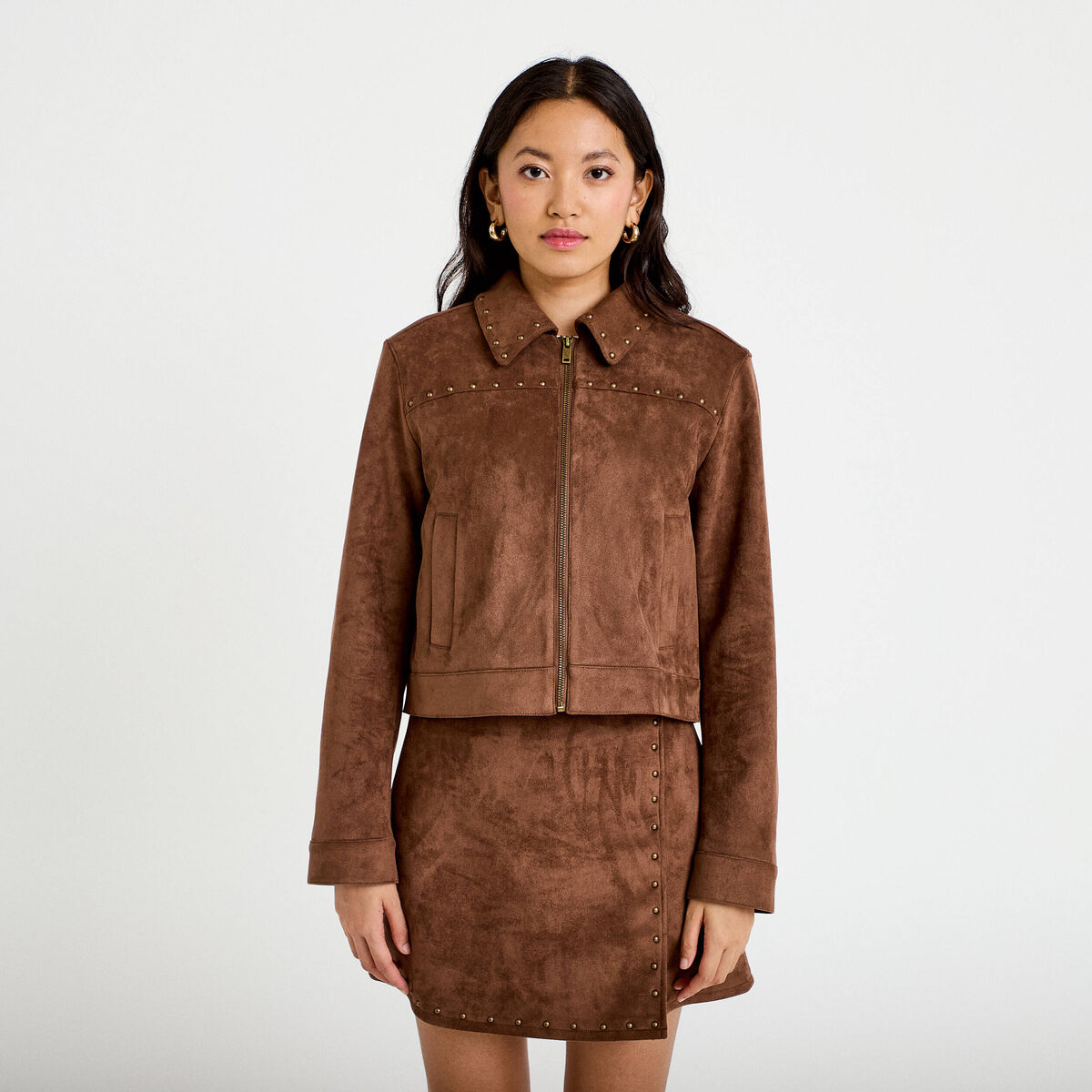 Veste droite cropped col tailleur marron femme