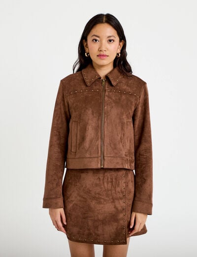 Veste droite cropped col tailleur marron femme
