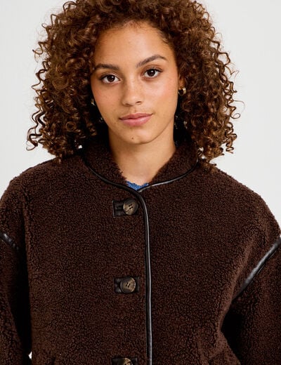 Veste effet polaire manches longues marron fonc&eacute; femme