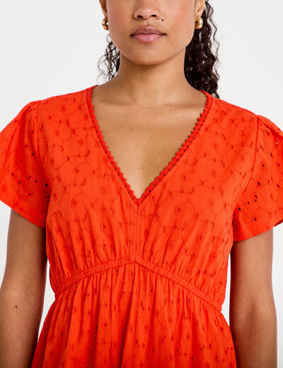 Robe courte &eacute;vas&eacute;e d&eacute;collet&eacute; brod&eacute;e orange fonc&eacute; femme