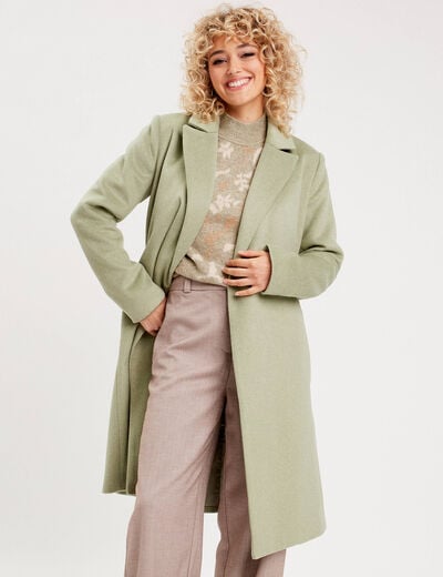 Manteau long droit ceinturé vert kaki femme