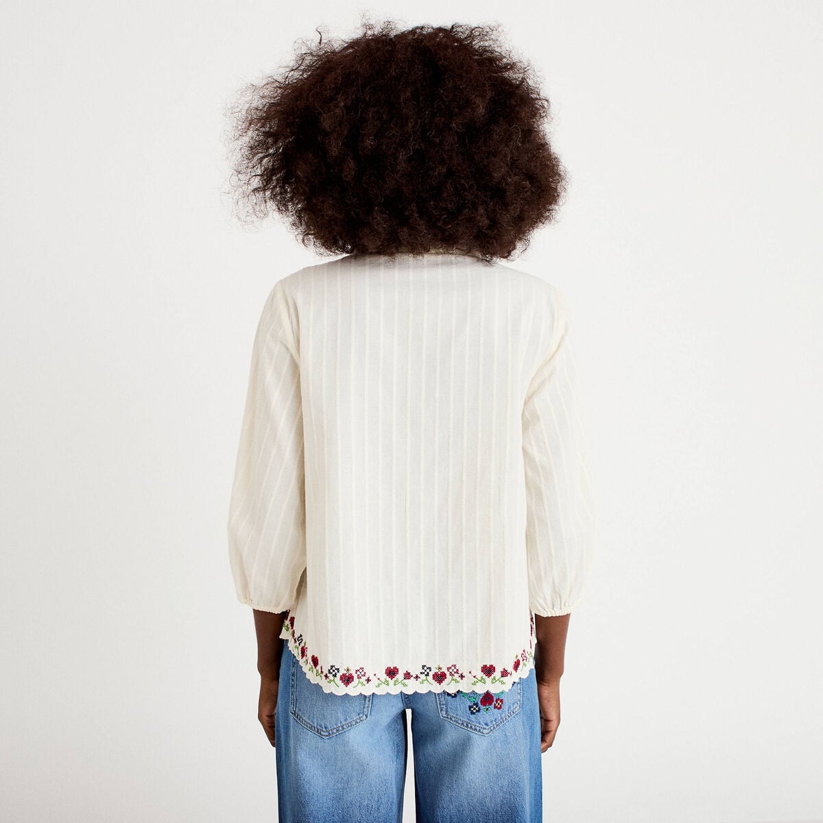 Blouse broderie col v manches 3/4 ecru femme