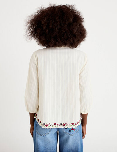 Blouse broderie col v manches 3/4 ecru femme