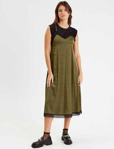 Robe midi évasée satin vert kaki femme