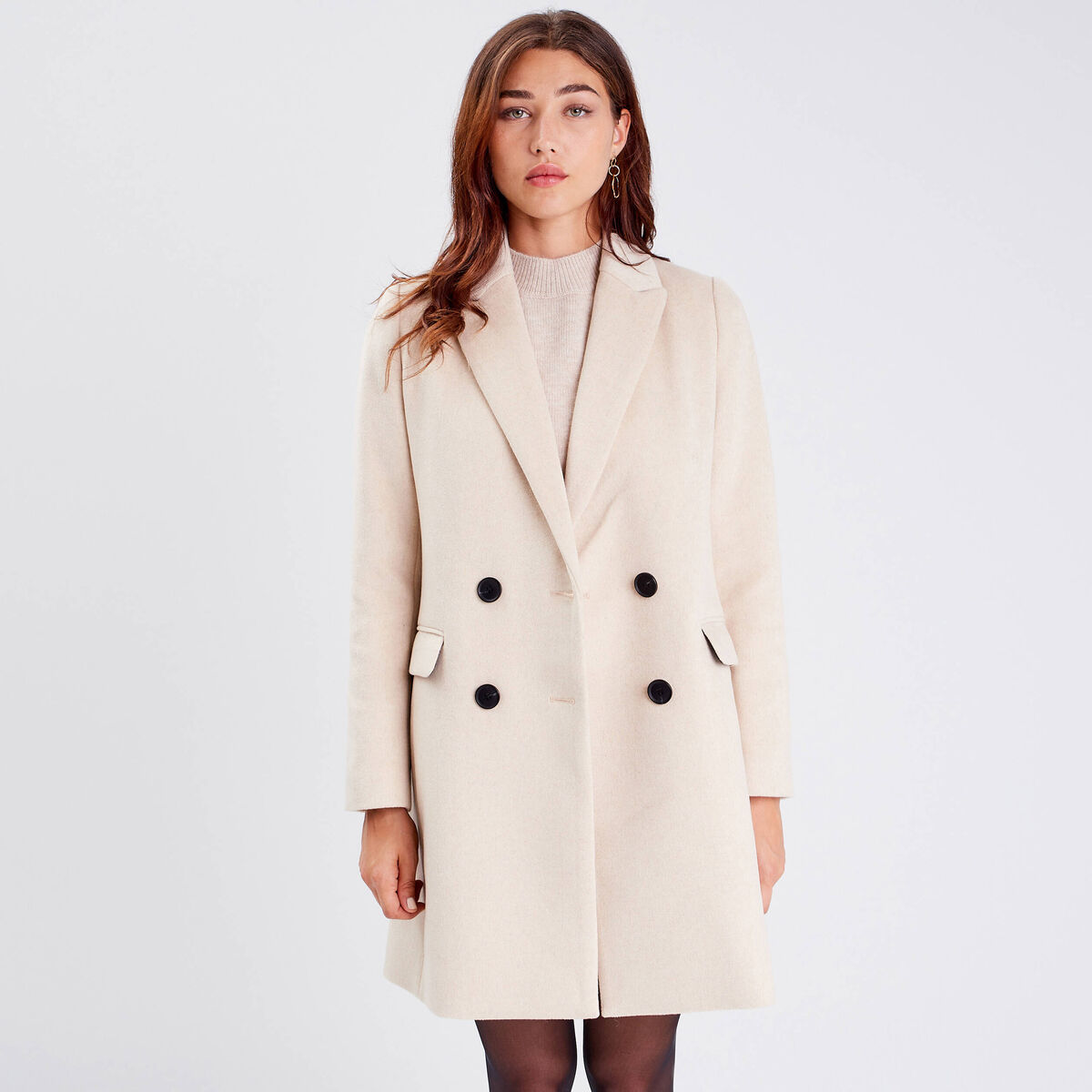 Manteau droit boutonné beige femme