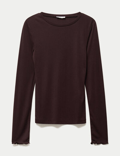 T-shirt ajust&eacute; col rond manches longues marron fonc&eacute; femme