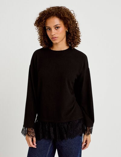 T-shirt manches longues avec dentelle noir femme