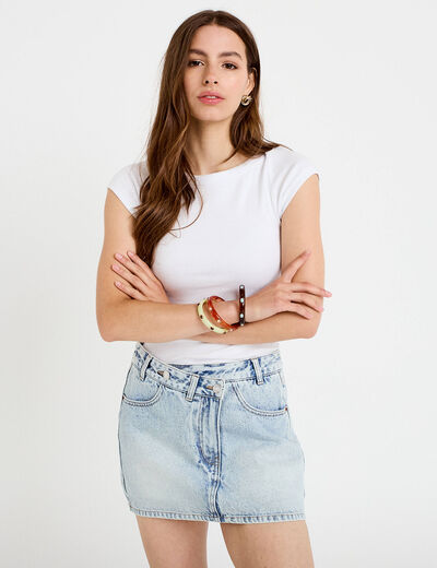 Jupe-short droite en jean denim bleach femme