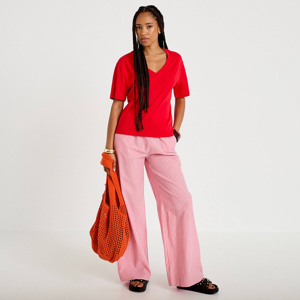 Pantalon large taille haute rouge femme