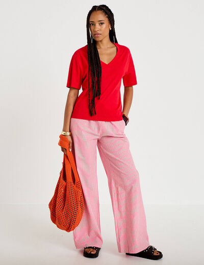 Pantalon large taille haute rouge femme