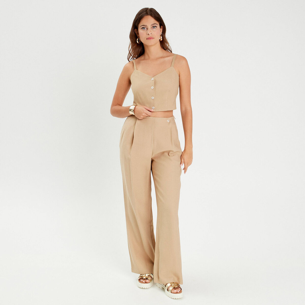 Pantalon large boutons beige femme
