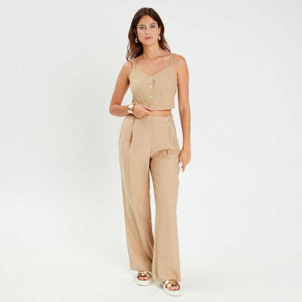 Pantalon large boutons beige femme