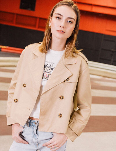 Trench court boutonné sable femme