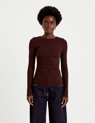 T-shirt ajust&eacute; col rond manches longues marron fonc&eacute; femme