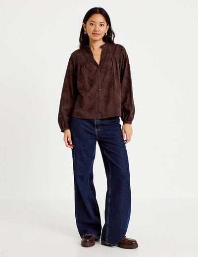 Blouse droite col rond manches longues marron fonc&eacute; femme
