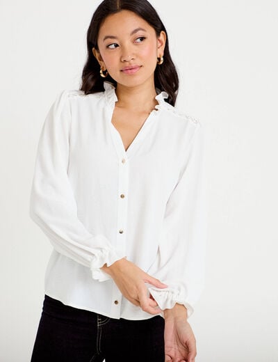 Blouse droite col v manches longues ecru femme