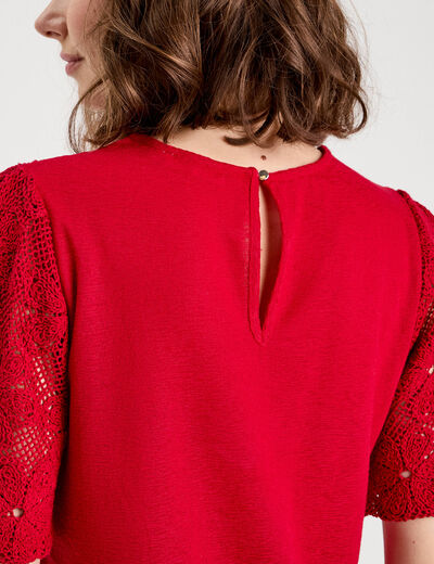 T-shirt dentelle macramé rouge femme
