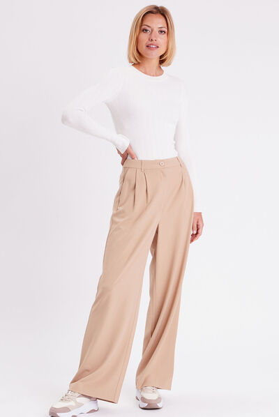 Pantalon city droit pinces sable femme