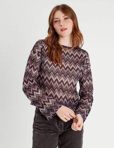 T-shirt manches longues ajouré violet femme
