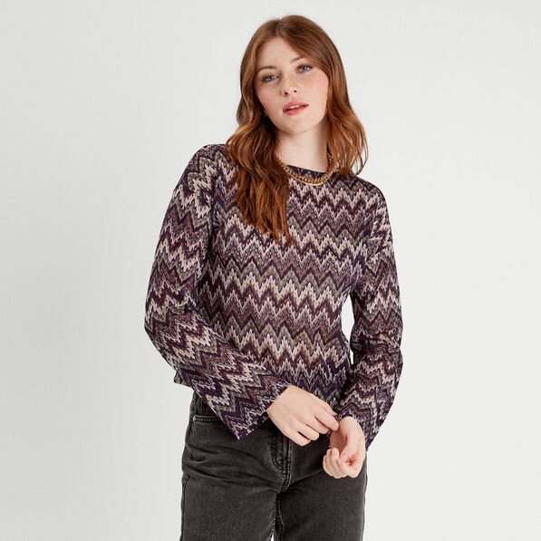 T-shirt manches longues ajouré violet femme