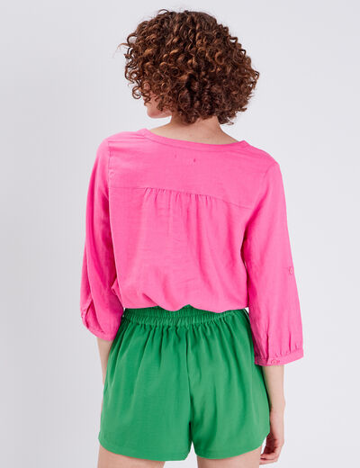 Blouse manches 3/4 rose fluo femme