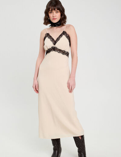 Robe longue ajustée dentelle sable femme