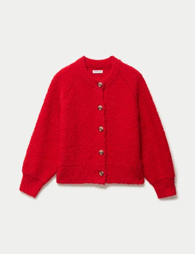 Gilet bouclette col rond manches longues rouge femme